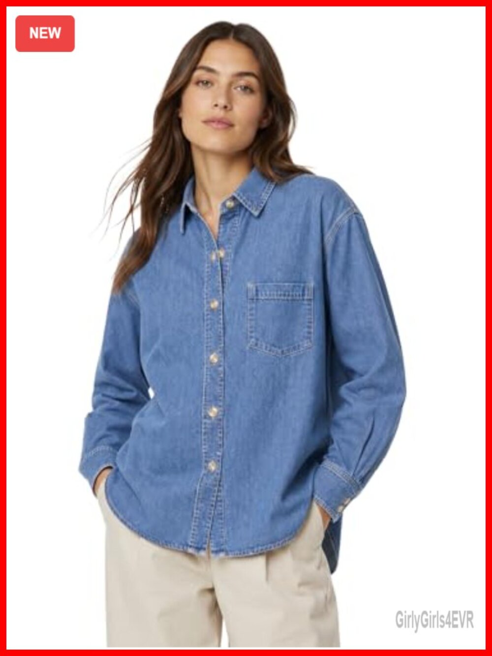 Women's Denim Button Down Shirt Long Sleeve Collared Chambray Shacket Top